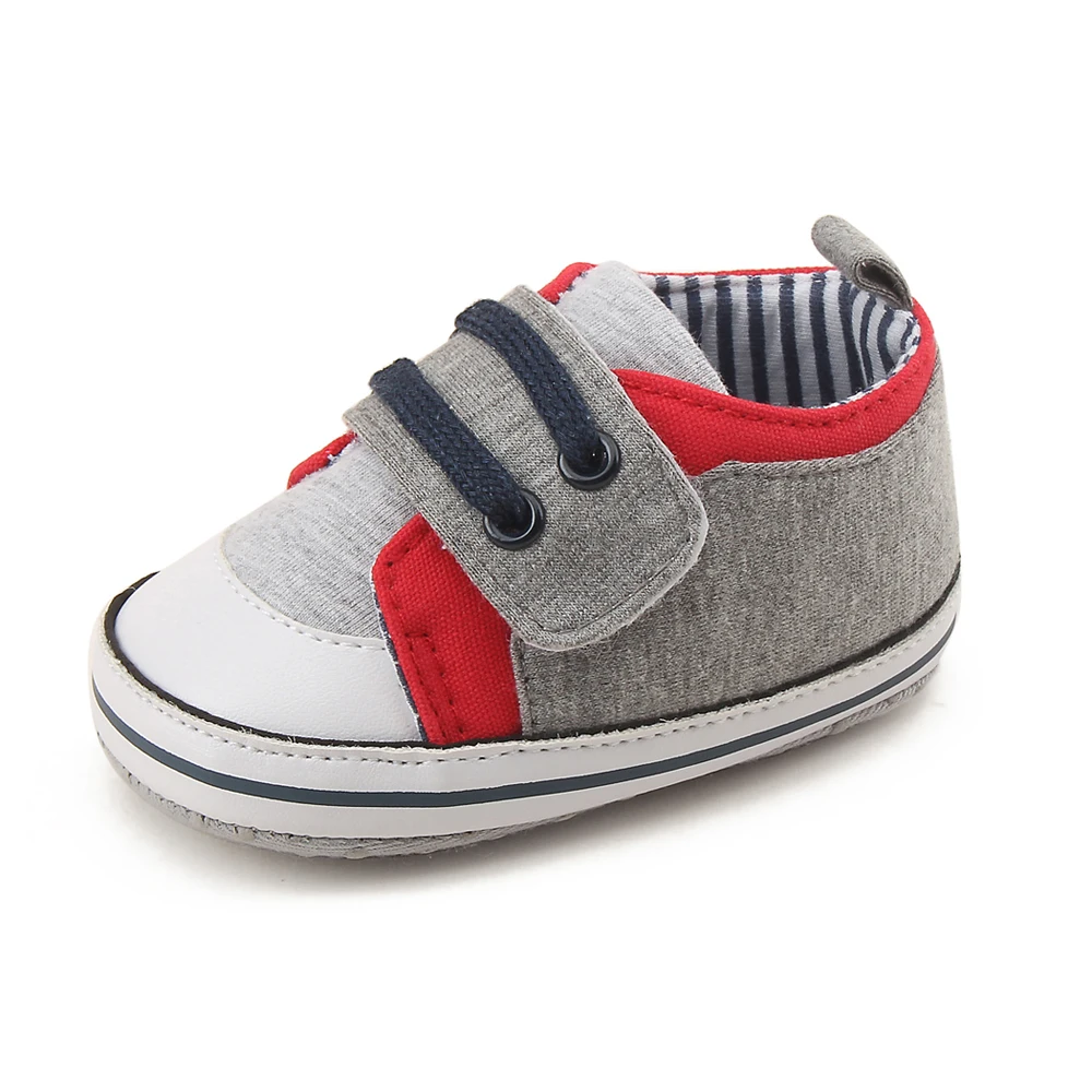 Delebao New Fashion RedBordered Gray Inner Striped Hook & Loop Prewalkers Baby Boy Casual Shoes