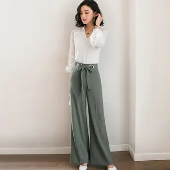

New Women Casual OL Slim Tracksuit Ladies Chiffon Tops + Wide Leg Trousers Sets Female Elegant Fashion Solid Two Piece Set F102