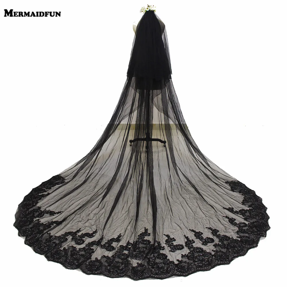 2017 Two Layers Sequins Lace Edge 3 Meters Black Long Wedding Veil with Comb 2T Bridal Veil