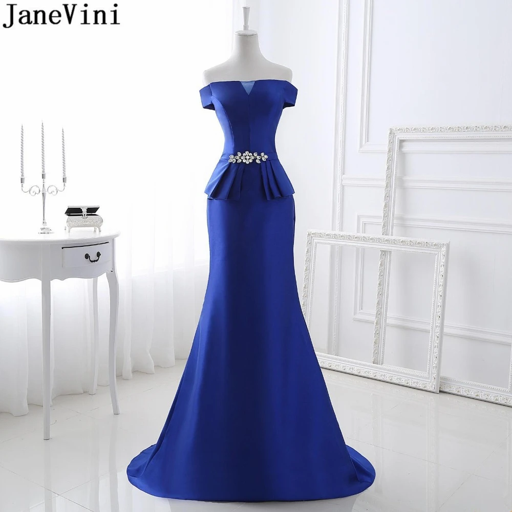 

JaneVini Elegant Royal Blue Mermaid Mother of The Bride Dresses Boat Neck Crystal Backless Satin Sweep Train Evening Party Gowns