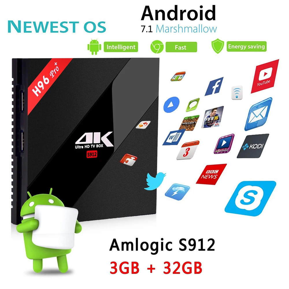 Shinsklly H96 PRO + Smart TV box Android 6 0 Восьмиядерный процессор Amlogic S912 ОЗУ 3 ГБ 16 Гб/32 Гб 5 WIFI HD 4K