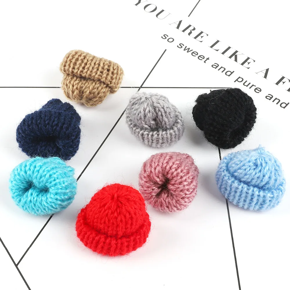 10PCS Mini Sweet Knitting Wool Hat Candy Color DIY Kids Hair Accessories Handmade Cute Woolen Yarn Hat for Clothing Decoration