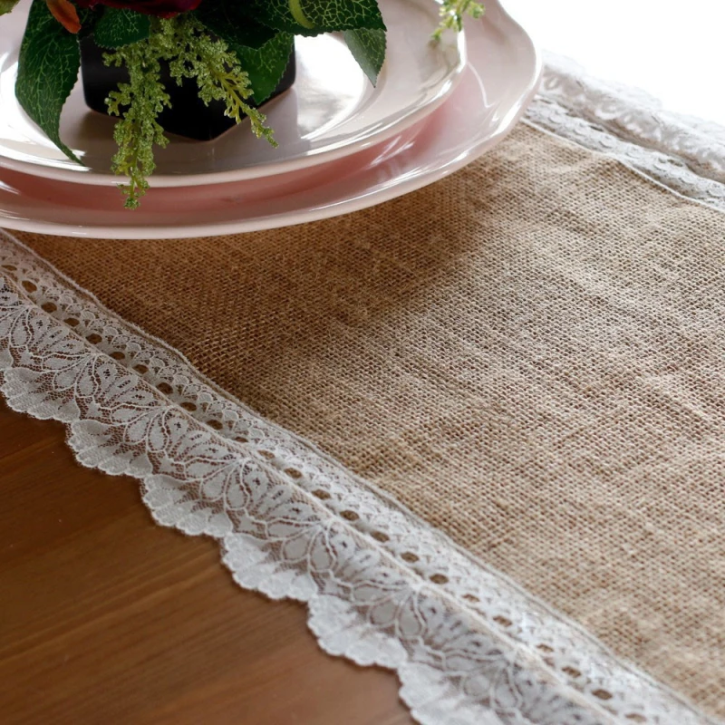 14" x 100" Shabby Chic Burlap Lace Hessian Natural Jute Table Runner