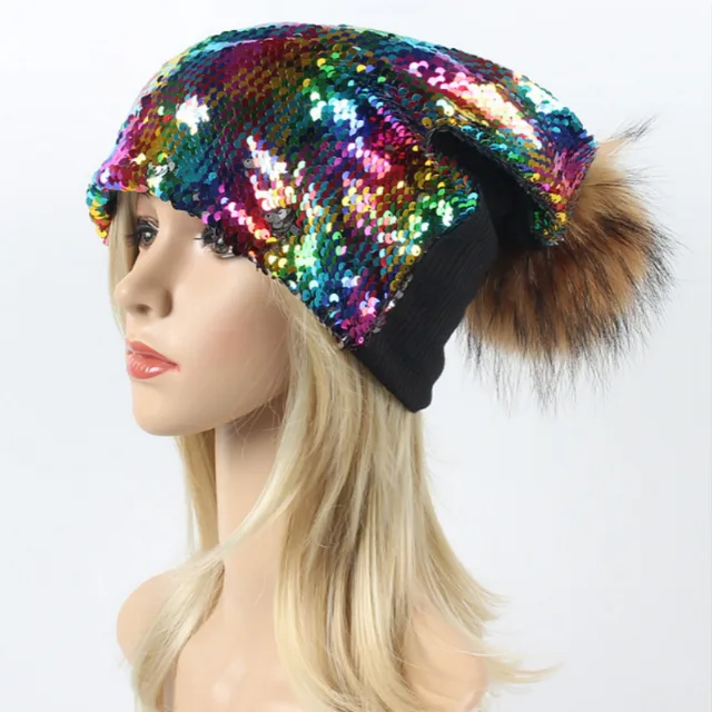 Fashion Sequin Women Fur Hat Real Raccoon Fur Pompom Winter Hat Female