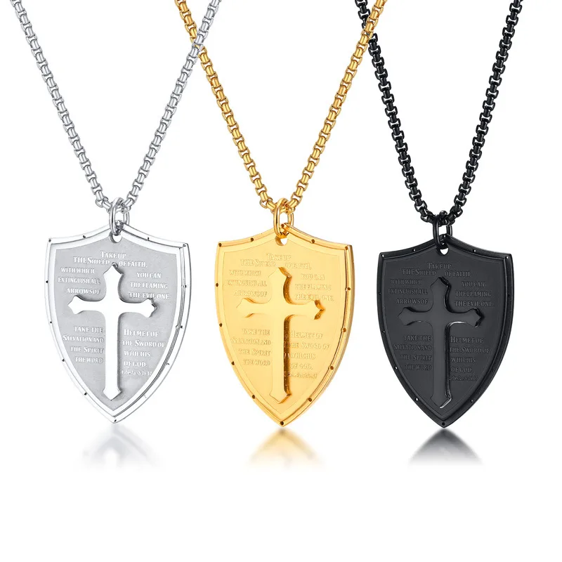 

Personality Scripture Cross Shield Pendant Stainless Steel Necklace Black/Silver/Gold Color Necklace Hip hop street Jewelry