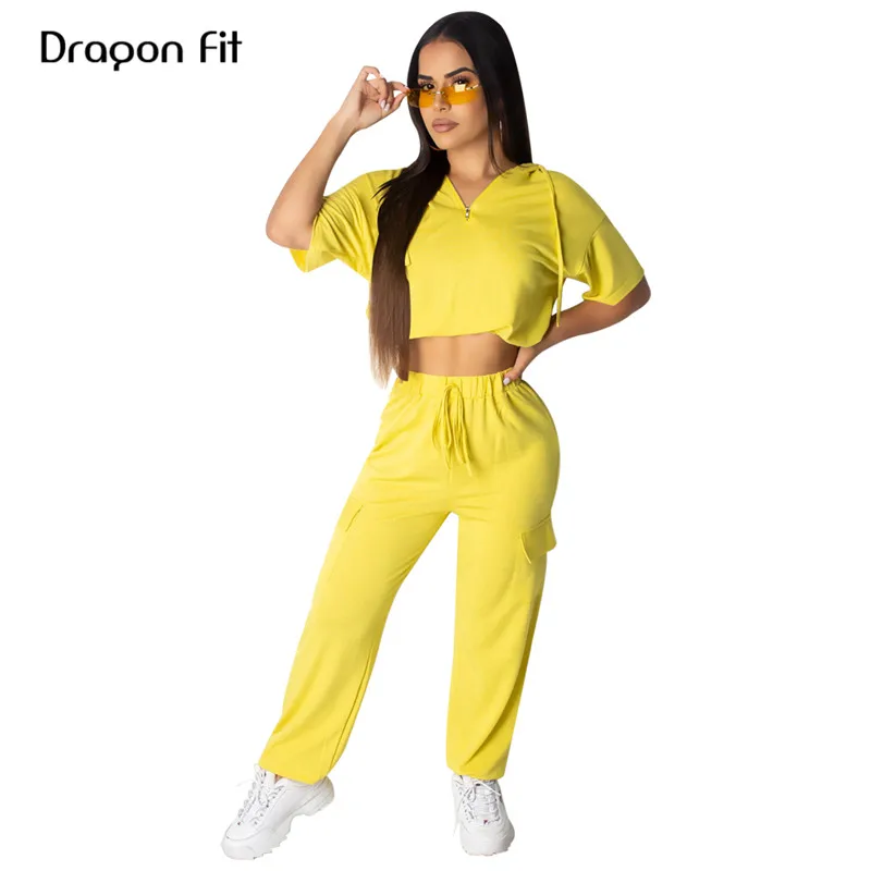 

Dragon Fit Hooded Sports Set Women Crop Top and Long Pants Set Two Piece Sportswear Jogging Suits Fitness Workout Clothing Femal