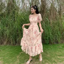 Летнее платье, женская одежда, французское винтажное элегантное платье с рукавами-пузырьками на одно плечо, длинное женское платье с цветочным узором