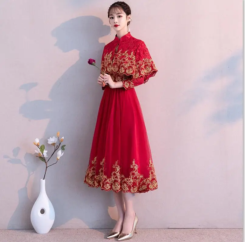 style 1 С длинным рукавом красный шнурок восточные платья китайский невесты Винтаж традиционная свадьба Cheongsam Вечеринка платье Размеры S-XXL - Цвет: style 1
