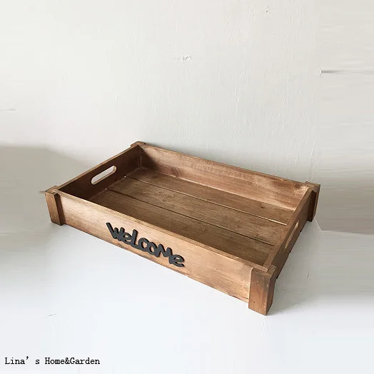 

"welcome" vintage aged old rectangle wooden tray with handle