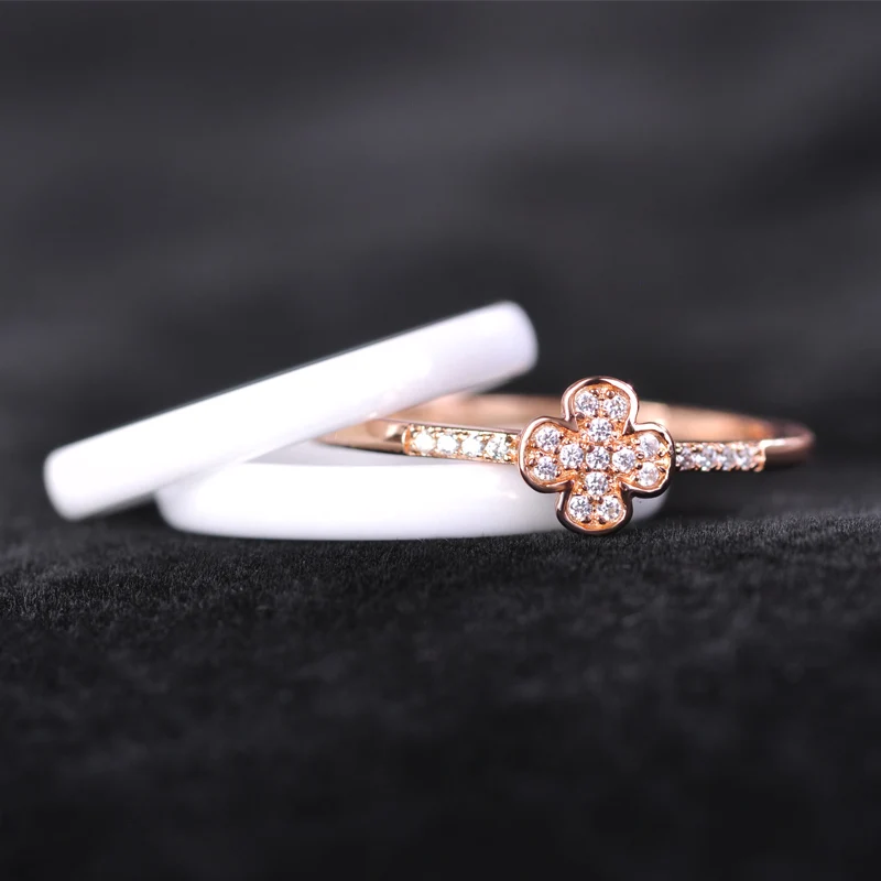 

Blucome Luxury Copper White Ceramic Rings Or Three Finger Ring Bezel Setting Rhinestone Zircon Flower Ring Jewelry With Gift Box