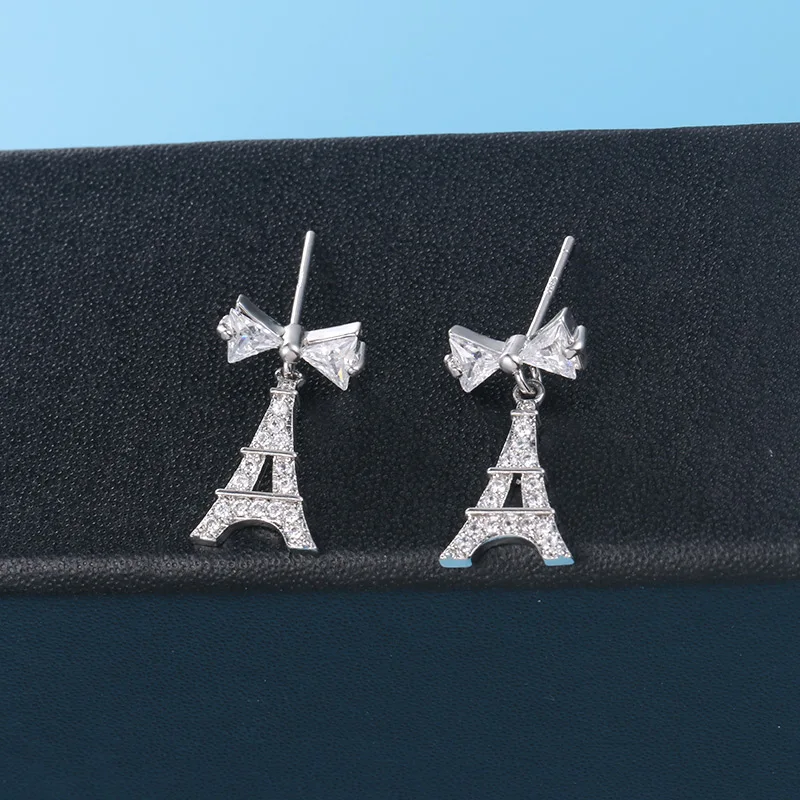 

MIEG Sparkling AAA Cubic Zirconia CZ Crystal Eiffel Tower Dangle Earrings for Women in White Gold Color