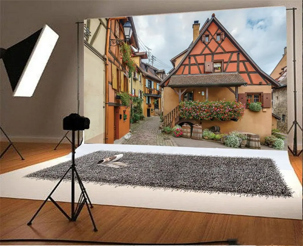 Photography Backdrop Floral Street in Eguisheim Alsace France Hot Pink Flowers Green Leaves Party | Электроника