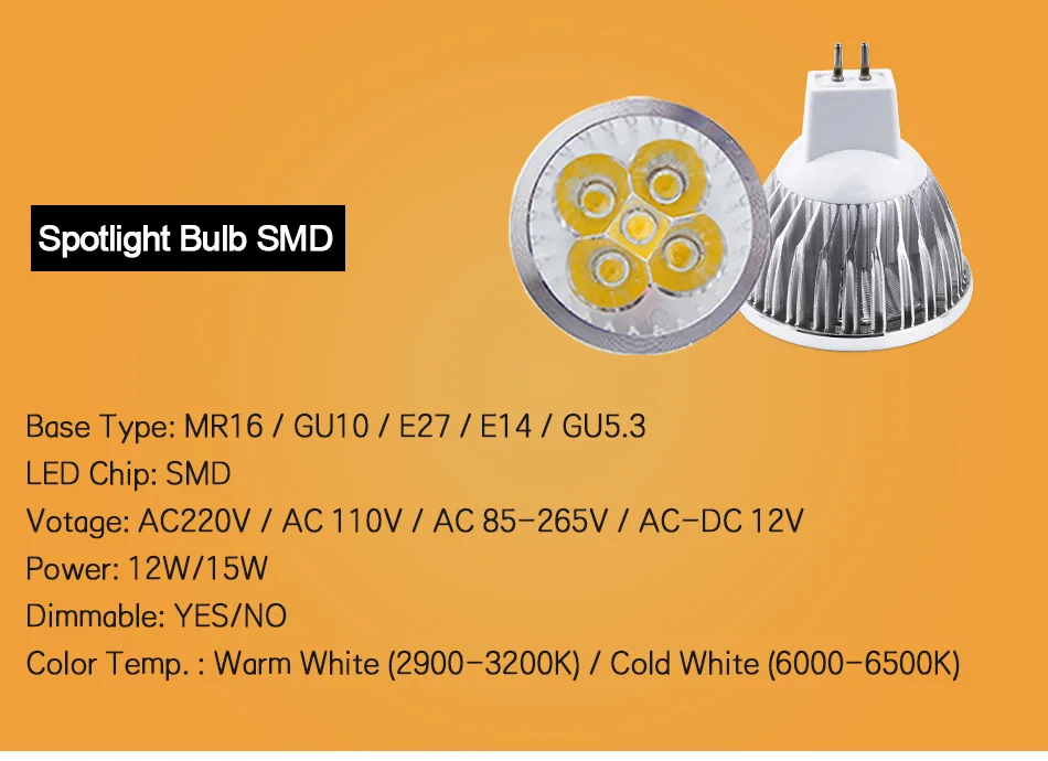 Светодиодная лампа Точечный светильник MR16 GU10 Светильник E27 E14 точечная лампа 2835 SMD лампада GU5.3 220V 110V 12V 3W COB лампа 9W 12W 15W для домашнего декора