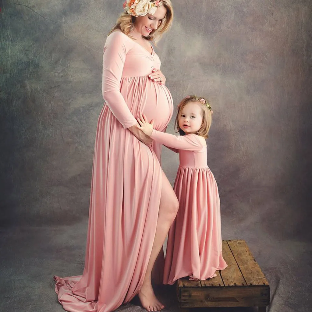 Family Matching Clo thes Mommy＆Me Pregnants Child Photography Props Off Shoulder Long Dress Nursing Dress Mom And Daughter Dress