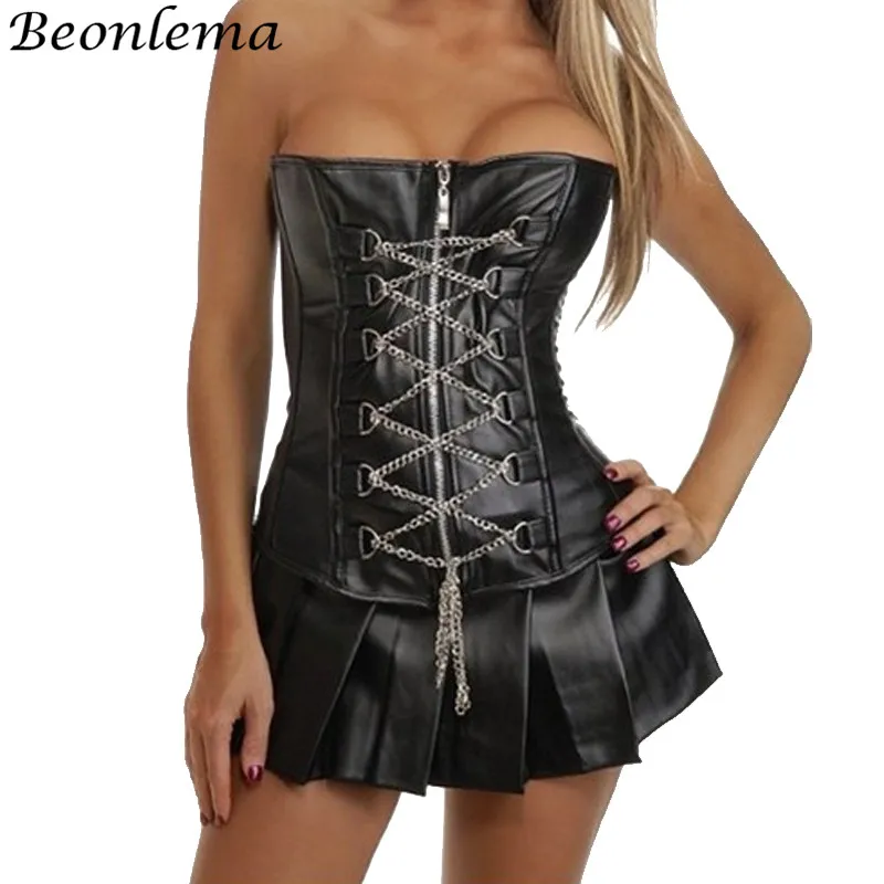 

Beonlema Faux Leather Steampunk Corset Dress Women Gothic Zipper Chain Overbust robe Bustier Sexy Mini Skirt Korse Dress Costume