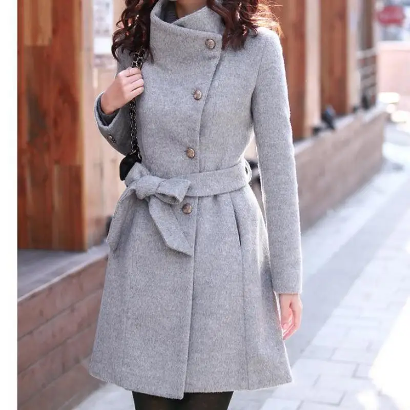 

Women woolen long sleeve Medium-long notched collar open front parka belt Coat manteau femme leisure veste femme S M L XL XXL