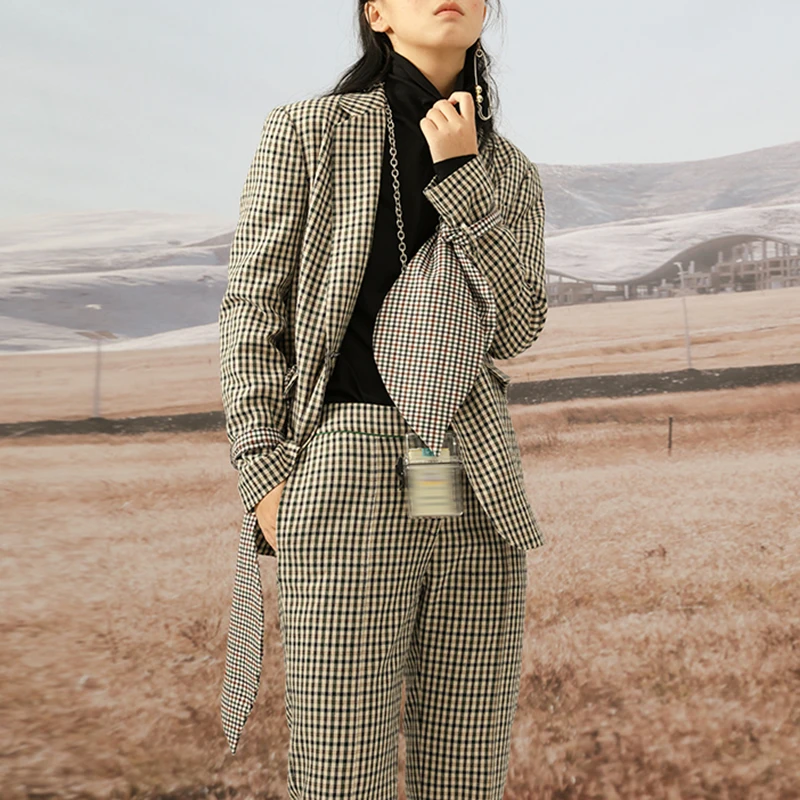 Marée Mode Manchette eam Manches Printemps Veste Revers De Lâche Nouveau Imprimé Arc Ji757 Plaid Longues Femmes Bandage Manteau À 2019 14nSR1U