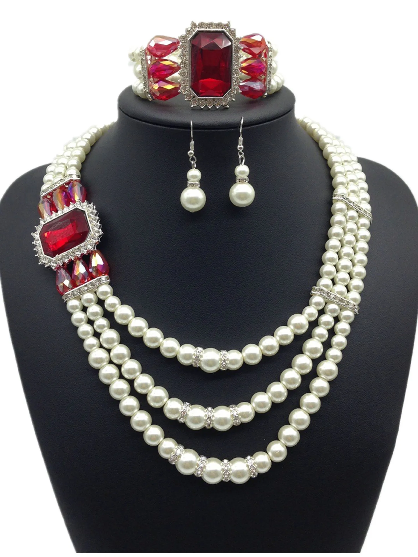 

New Fashion Luxury Crystal Multilayer Pearl Necklace Earring Bracelet Bridal Jewelry Sets Dubai Women Wedding Gold Jewelry