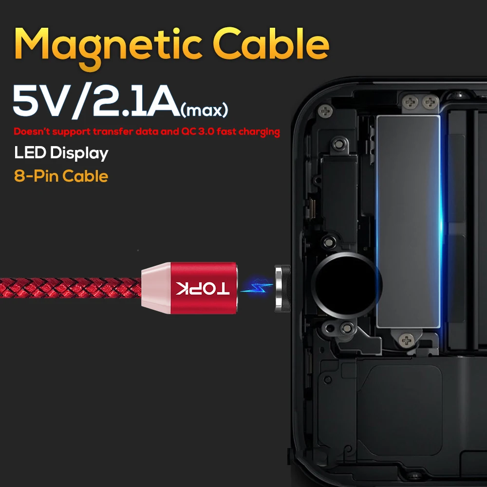 TOPK RLine1 светодиодный магнитный usb-кабель, 1 м и 2 м Магнитный USB type-C кабель и Micro usb кабель и USB кабель для iPhone X 8 7 6 Plus
