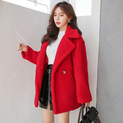 Новинка, Женское пальто из искусственного меха, короткое, плюшевое, из искусственного меха с карманом, 3 цвета,, S-2XL размер, женское модное пальто - Цвет: red