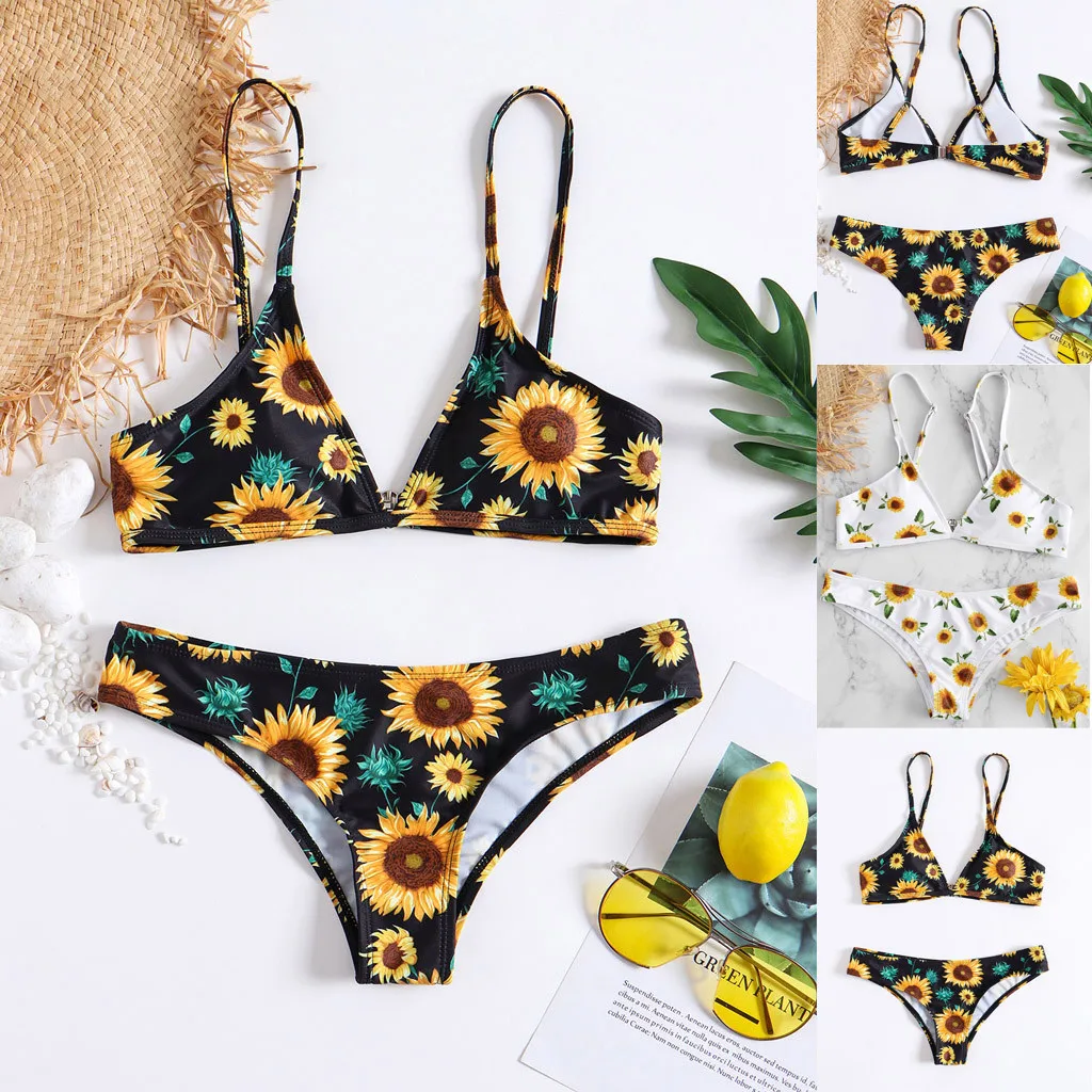 

Women's Two Piece Sunflower Print Sexy Split Bikini Swimsuit Beachwear Ladies Fresh Triangle Swimsuit Bikini Set fashion A30425