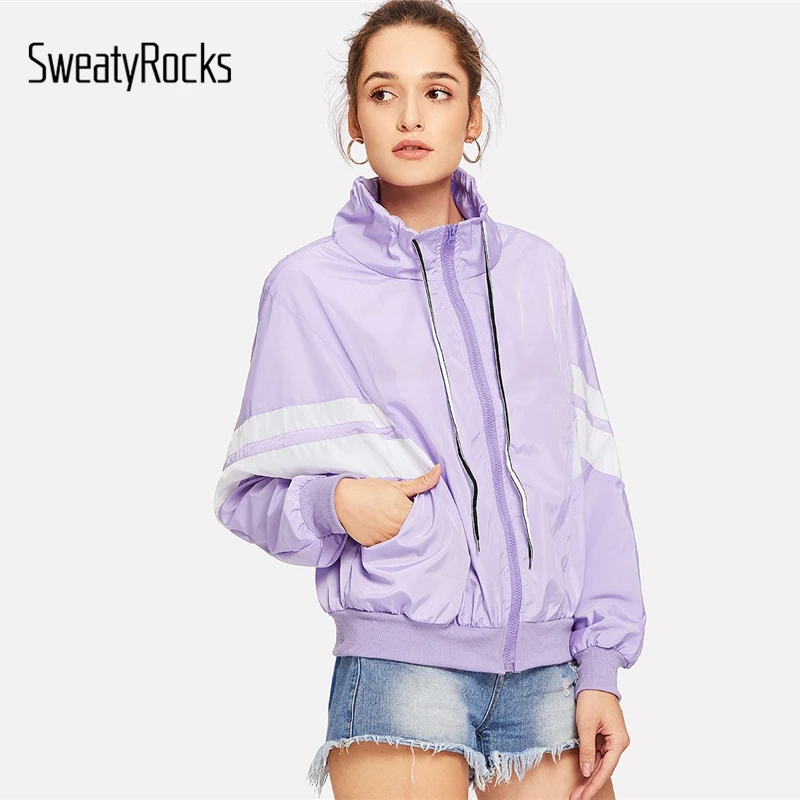 SweatyRocks Bomber Jacket Contrast Striped Stand Collar Coat Women Zipper Outerwear Autumn 2018 Clothes Purple Womens Jackets SweatyRocks Bomber Jacket Contrast Striped Stand Collar Coat Women Zipper Outerwear Autumn 2018 Clothes Purple Womens Jackets