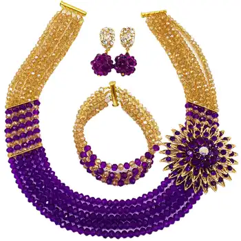 

Purple Gold AB Beads African Jewelry Set Nigerian Wedding Necklace Earrings Sets 5C-SXJB015