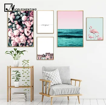 

Flamingo Flower Ocean Wall Art Canvas Poster Nordic Minimalist Print Painting Scandinavian Decoration Picture Living Room Decor