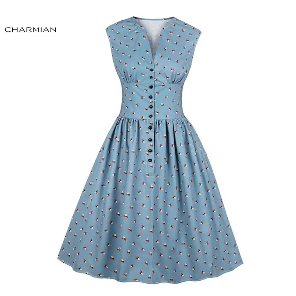 

Charmian Women's Vintage Blue&Pink&White Floral Print V Neck Sleeveless High Waist Swing Dress
