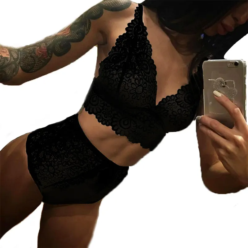 New Hot Lace Sexy Lingerie Sets Women Deep V-neck Push Up Lingerie Vintage Solid Color Bra Set For Women Underwear Set Lenceria - Цвет: black