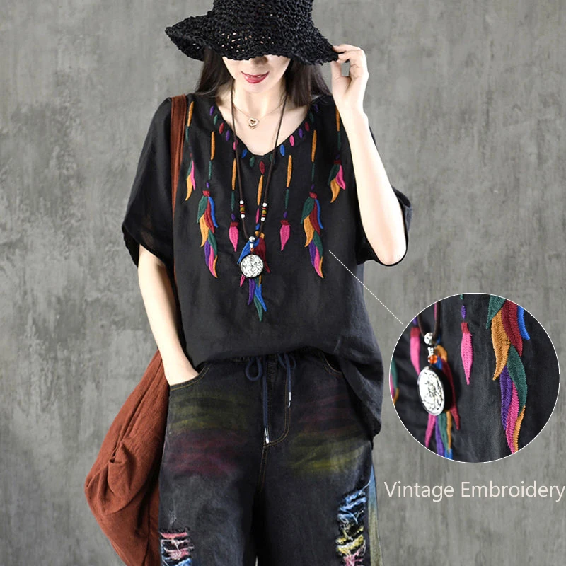 

Ethnic Feather Embroidery Blouse Women Plus Size Loose Summer Tops High Quality 100% Cotton O Neck Short Sleeve Tees Ladies