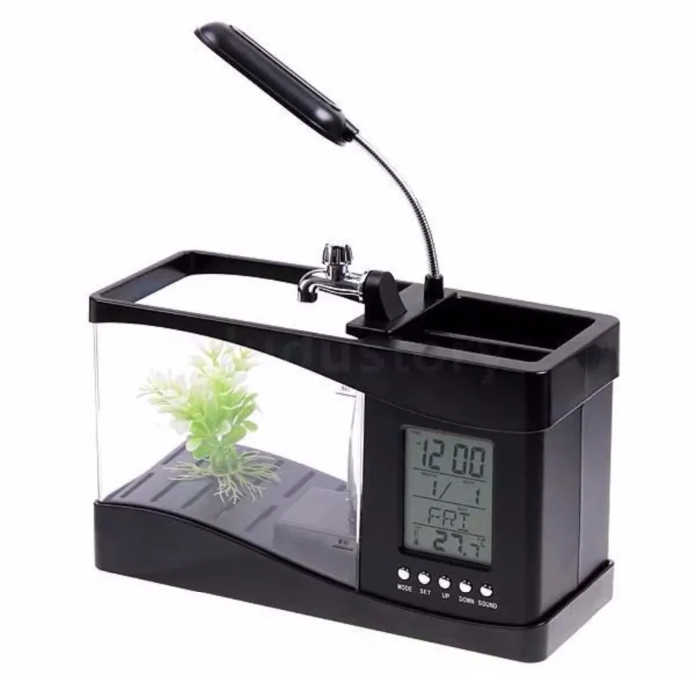  Free Shipping Mini USB Aquarium LCD Fish Tank Display Clock Led Lamp Light Assorted Children's bedr - 32703891191