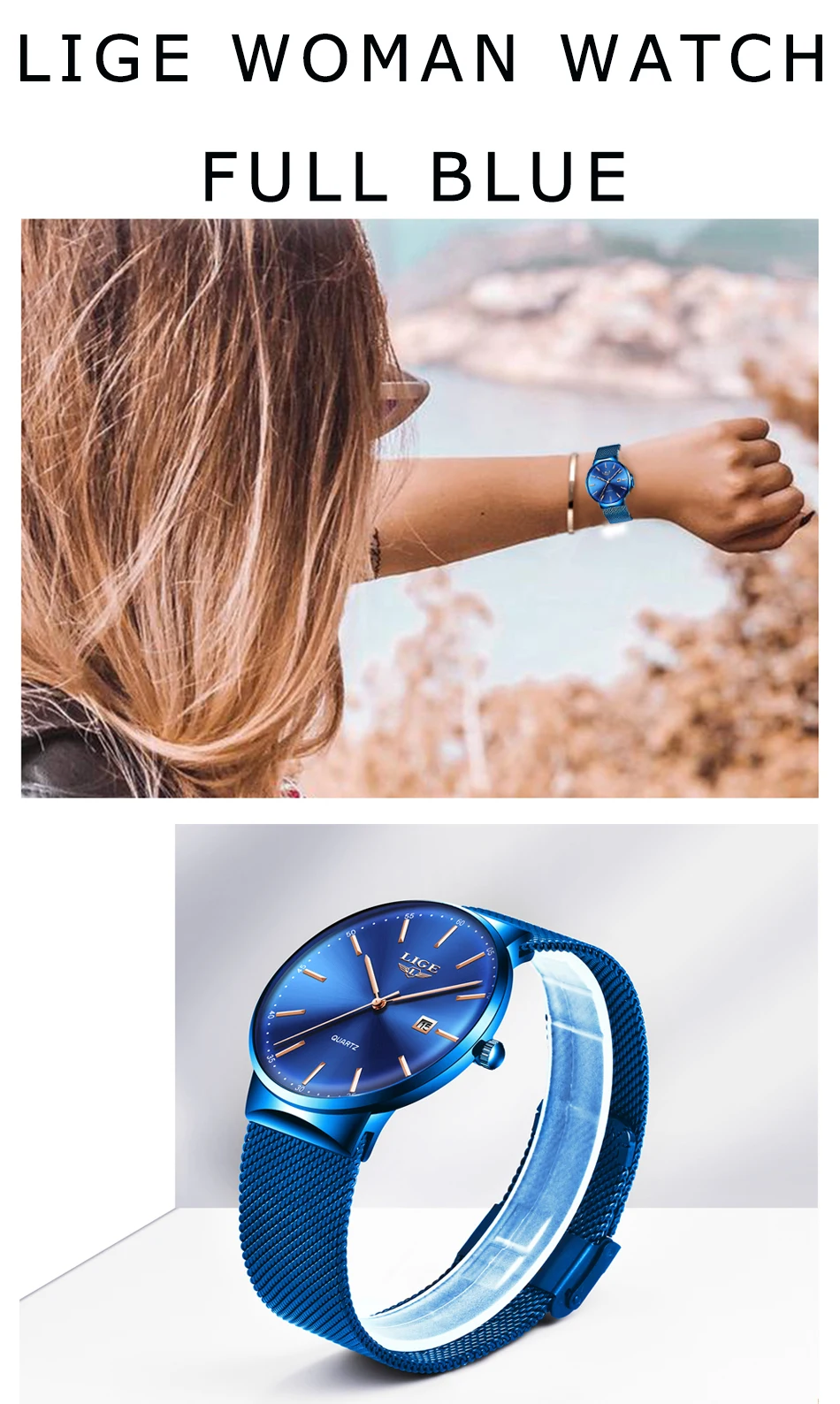 relógio de quartzo feminino malha azul completo