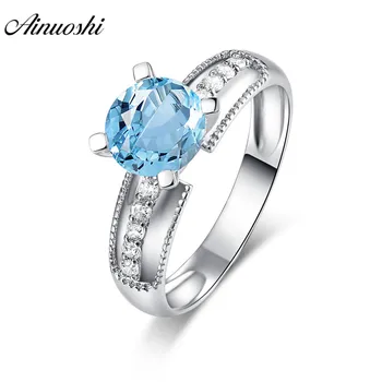 

AINUOSHI Natural Blue Topaz Ring Engagement Wedding Ring 1.25ct Round Cut Gems Ring Pure 925 Silver Jewelry Unique Line Design