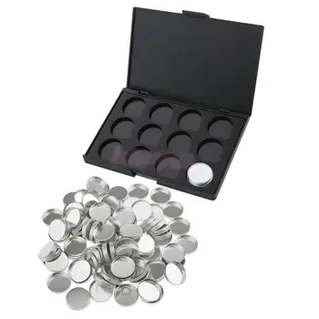 

12-Pan Black Empty Magnetic Palette Container + 100pcs Round Metal Tin Pans Eyeshadow Blush Baked Powder Foundation