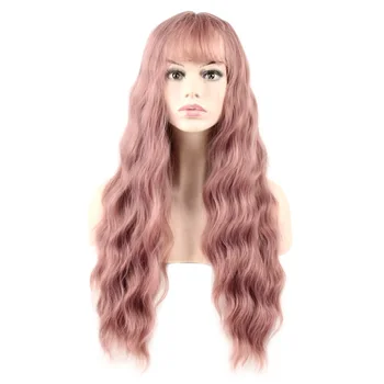 JOY&BEAUTY Ultra-thin bangs Long Curly Wig Synthetic Wigs gray Black Pink 26inch High Temperature Fiber women wig 2