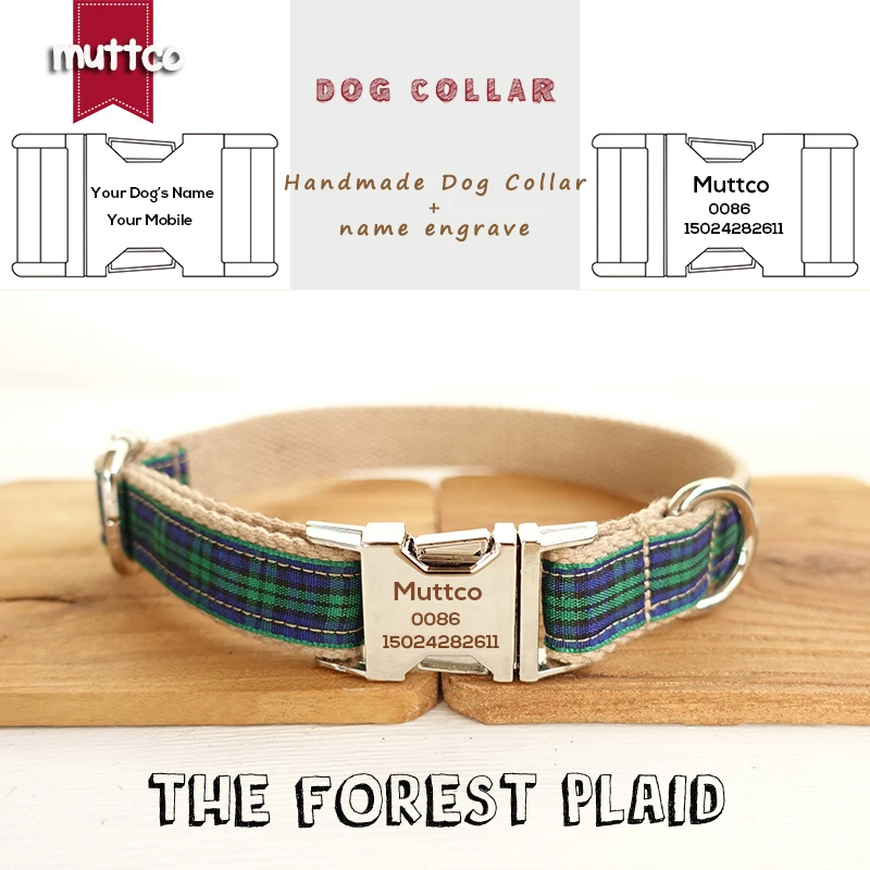 

MUTTCO retailing unique style collar engraved metal buckle THE FOREST PLAID cotton Customized dog collar 5 sizes UDC014