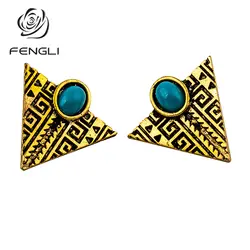 FENGLI Древняя египетская треугольная серьга-гвоздик для женщин мужчин Золотой винтажный натуральный камень серьги этнические ювелирные