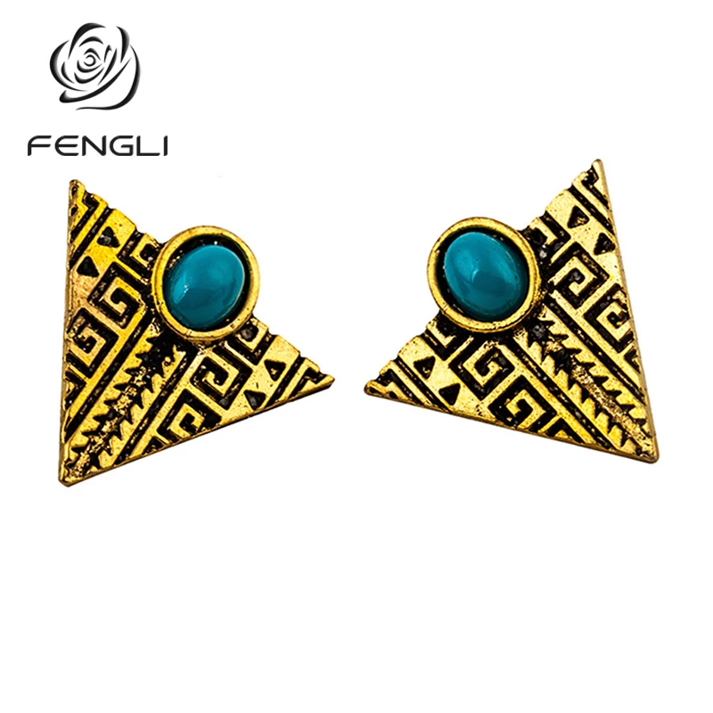 

FENGLI Ancient Egyptian Triangle Stud Earring for Women Men Golden Natural Stone Vintage Earrings Ethnic Personality Jewelry