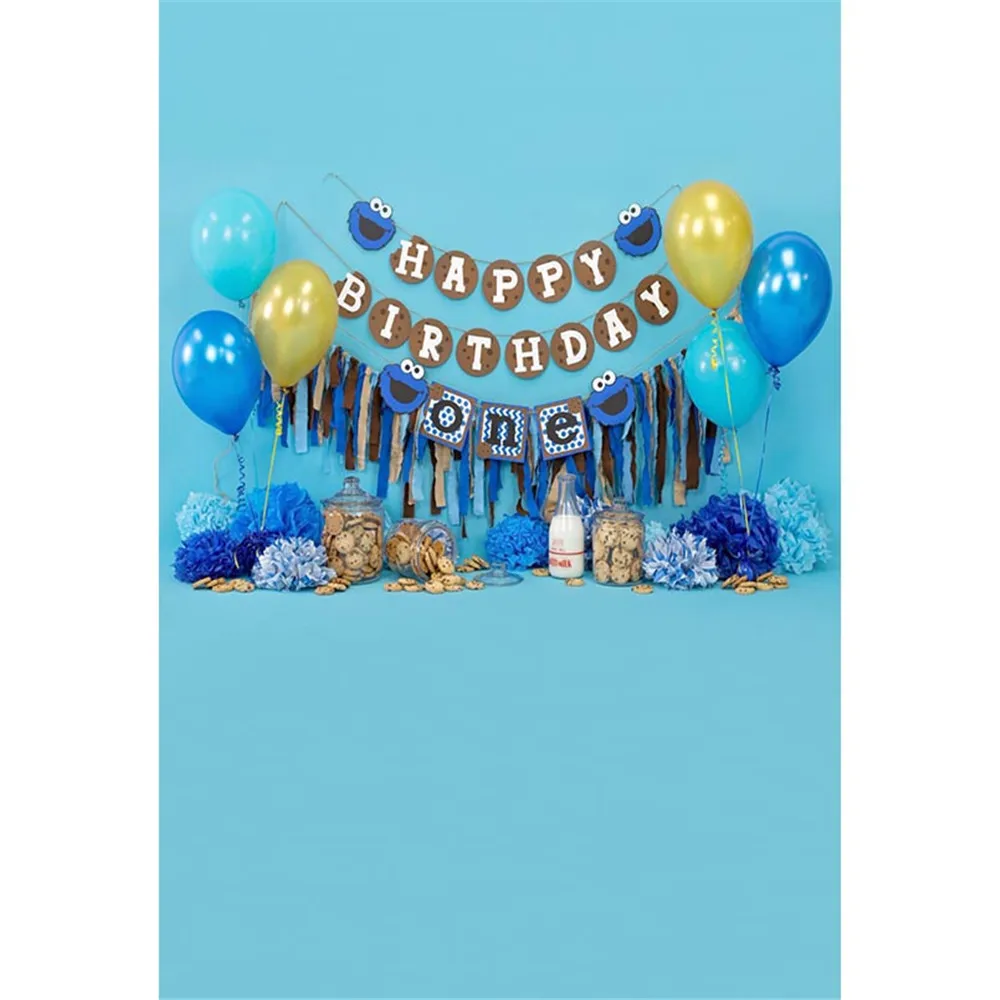

Baby Boy's 1st Birthday Party Photography Backdrops Printed Blue Gold Balloons Paper Flowers Desserts Kids Photo Background