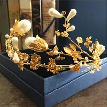 2016 hojas de oro de lujo Barroco flor tiaras corona nupcial de la boda accesorios para el cabello diadema de perlas de las mujeres elegantes joyas femme