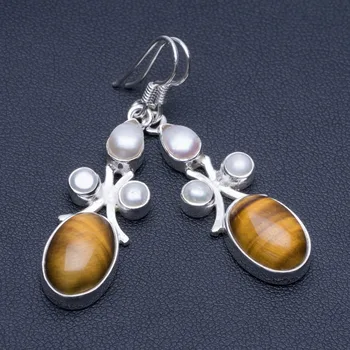 

Natural Tiger Eye and River Pearl Unique Punk Style 925 Sterling Silver Earrings 2" P1710