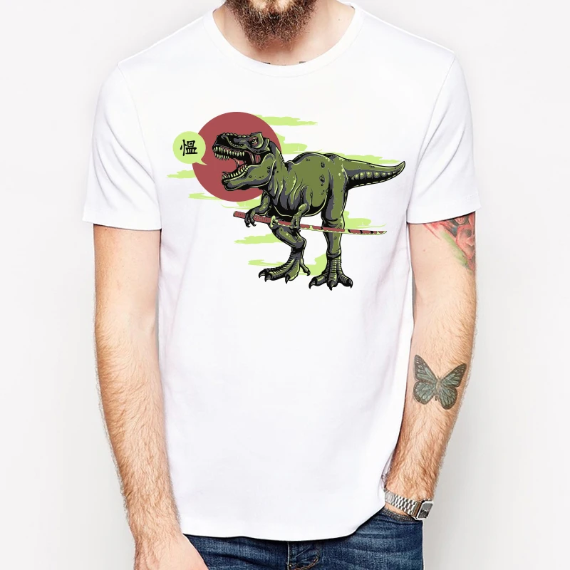 Newest Retro Style Dinosaur and Katana Printed T Shirt Men Tees Brand Clothing Funny Novelty Cool Tops Men's Short Sleeve M156