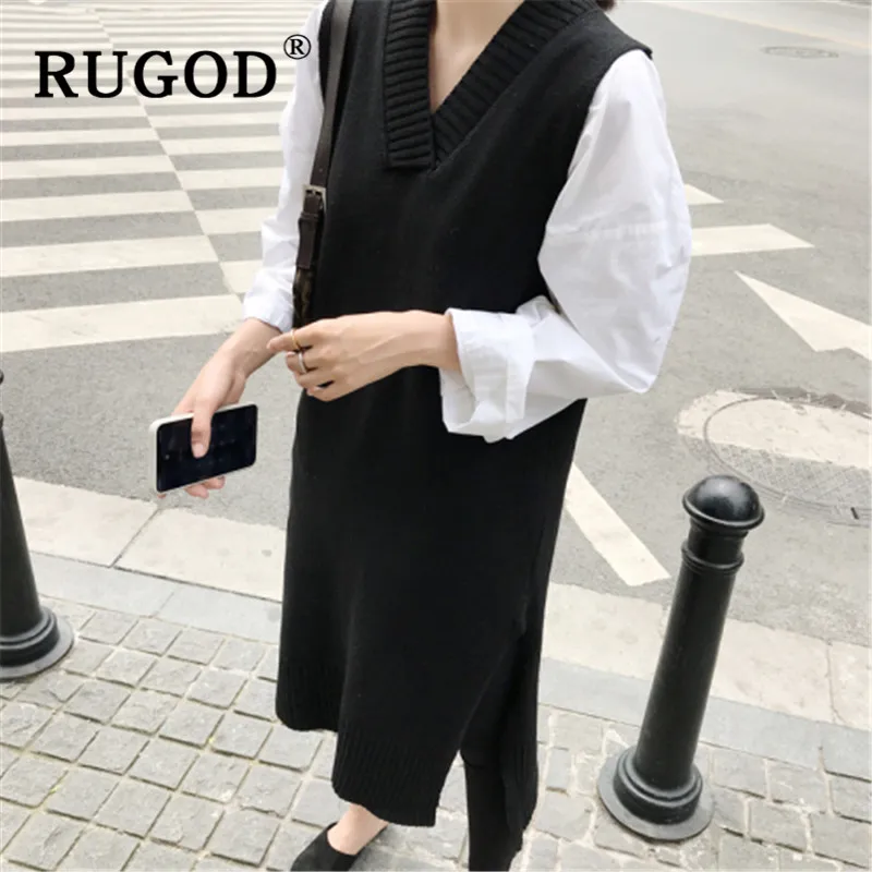 

RUGOD Sweater dress women casual sleevless v neck straight midi dress Eelagant solid pullover knitted ladies dress winter dress