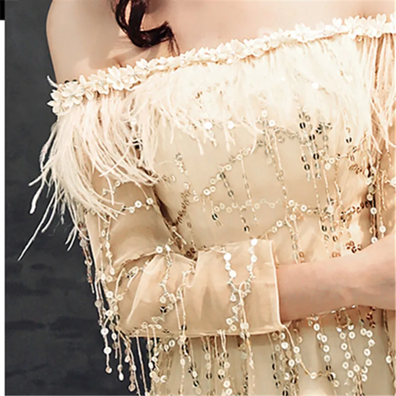 Это YiiYa вечернее платье Кристальное перьевое с вырезом лодочкой Sequines Тюль женское вечернее платье длинное платье размера плюс E507
