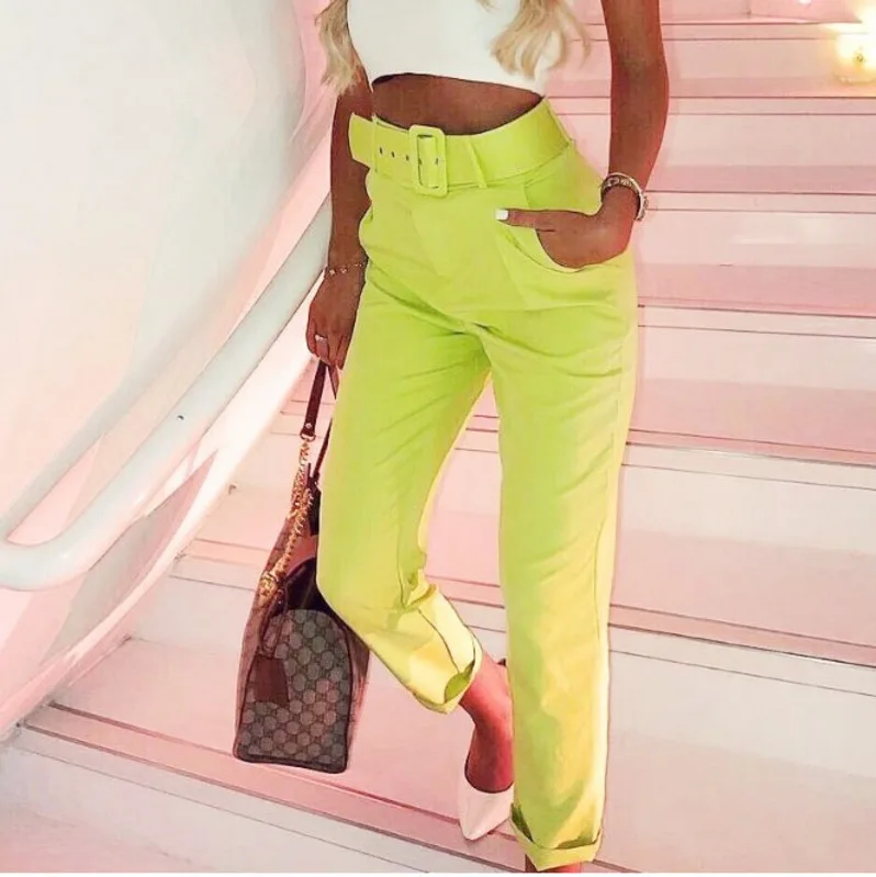 

PFFLOOK Summer Neon Green jumpsuit Women 2019 Long Sleeve Suit Crop Top Casual Women Blet Tracksuit Top And Pants Set Lady
