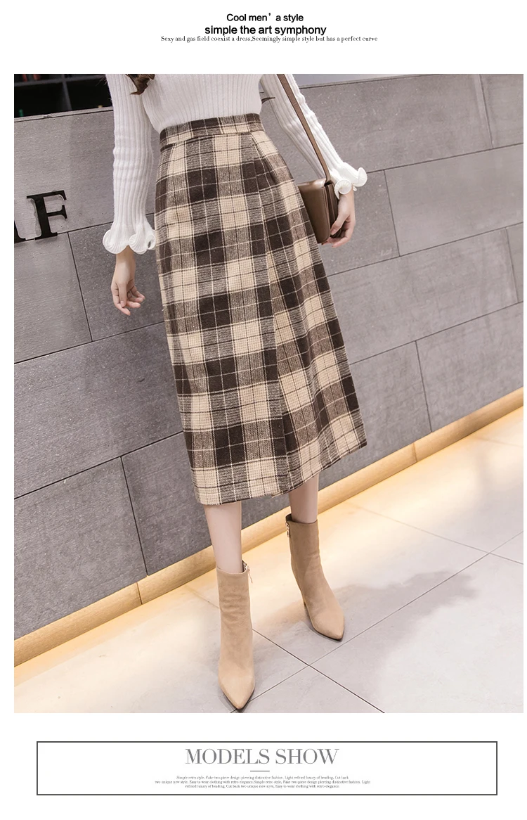 Новые шерстяные юбки для женщин осень зима юбки для женщин клетчатая юбка высокая талия юбки средней длины мода английский стиль