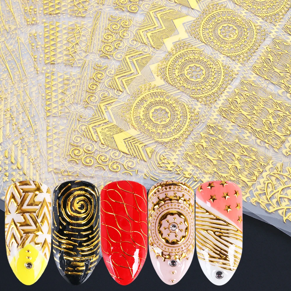 

1pcs 3D Gold Slider Nail Art Stickers Geometry Strip Line Wave Bronzing Adhesive Decal Design Manicure Decoration JIBP301-316
