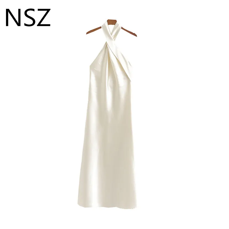 

NSZ Woman Long Satin Dress Party Night Summer Sexy Backless Full Dress Sleeveless Halter Elegant Ankle-Length Dresses