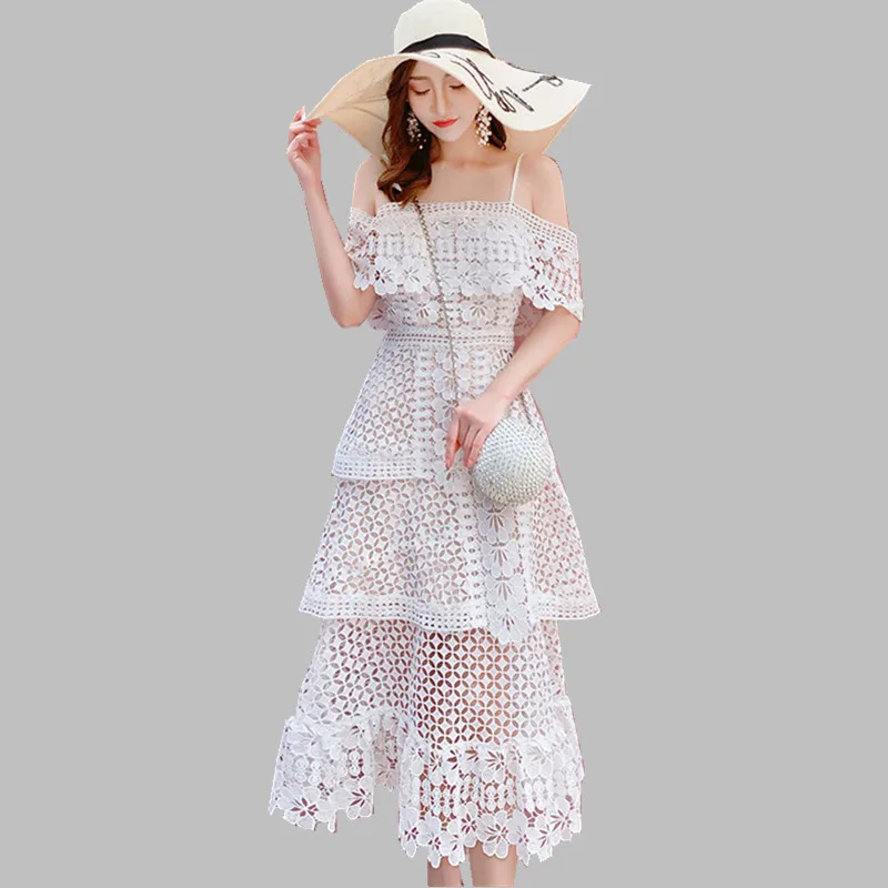 

HAMALIEL 2019 Runway Summer Slash Neck Cake Holiday Long Dress Women Layers Ruffles Hollow Out White Dress Sexy Backless Vestido